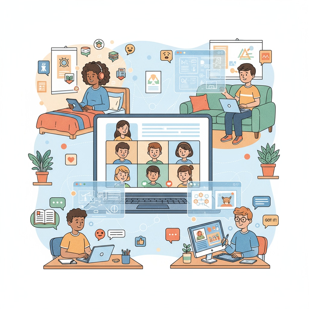 Students are seen participating in online secondary education classes during the post-pandemic period, showing the use of digital devices and interaction on virtual platforms. Post-pandemic secondary education students in online digital learning classes