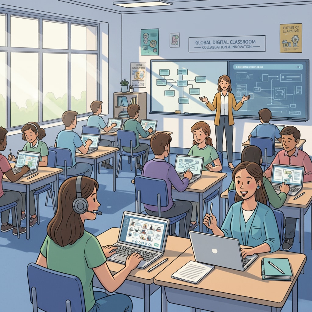 Secondary school students are using digital devices for learning in a post-pandemic classroom. The image depicts students engaged in digital activities, such as using tablets and laptops. Post-pandemic secondary students using digital devices for learning