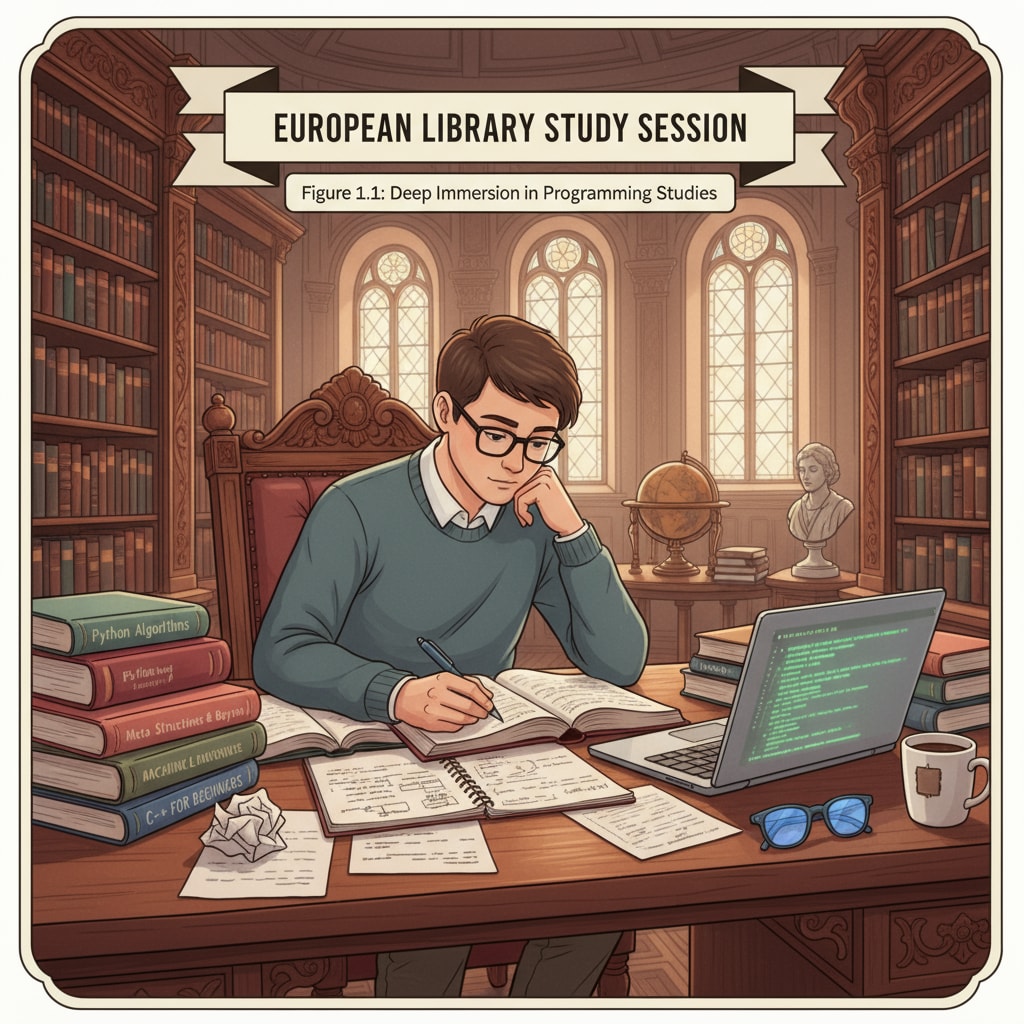 A student studying programming textbooks in a European library for math and programming in European study