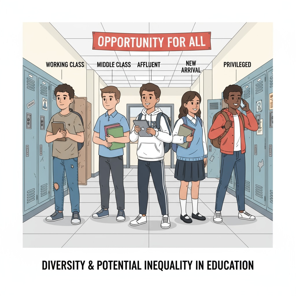 A group of students from different social classes standing in an American school corridor, showing the diversity and potential inequalities. American school students from different social classes in a corridor highlighting social class screening in the education system