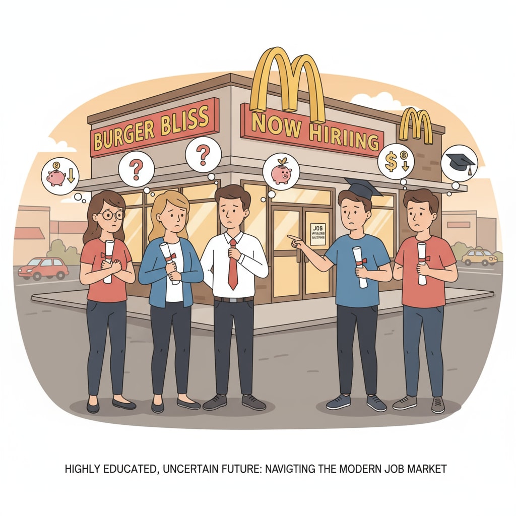 A group of young people with diplomas looking worried while standing near a fast food restaurant, symbolizing the concern of highly educated individuals about their job prospects in the current market. Young graduates with diplomas near a fast food restaurant, showing the connection between university degrees, employment, and the fast food industry.