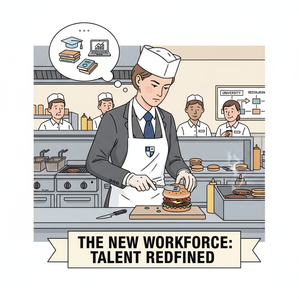 A person in a suit and tie working in a fast food kitchen, looking focused, representing the entry of high-education individuals into the fast food industry. A professional person working in a fast food kitchen, highlighting the new trend in the relationship between university degrees, employment, and the fast food industry.