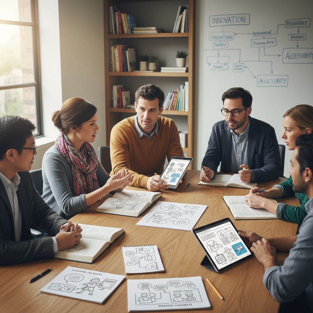A group of K12 educators are gathered around a table, engaged in a lively discussion about educational advancement strategies. K12 educators discussing educational advancement in relation to continuing education and career choices