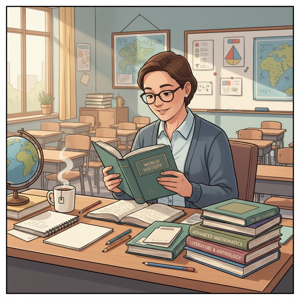 An educator is sitting at a desk, surrounded by educational books, deeply engrossed in reading and learning. An educator engaged in self-education for professional growth as part of continuing education and career development