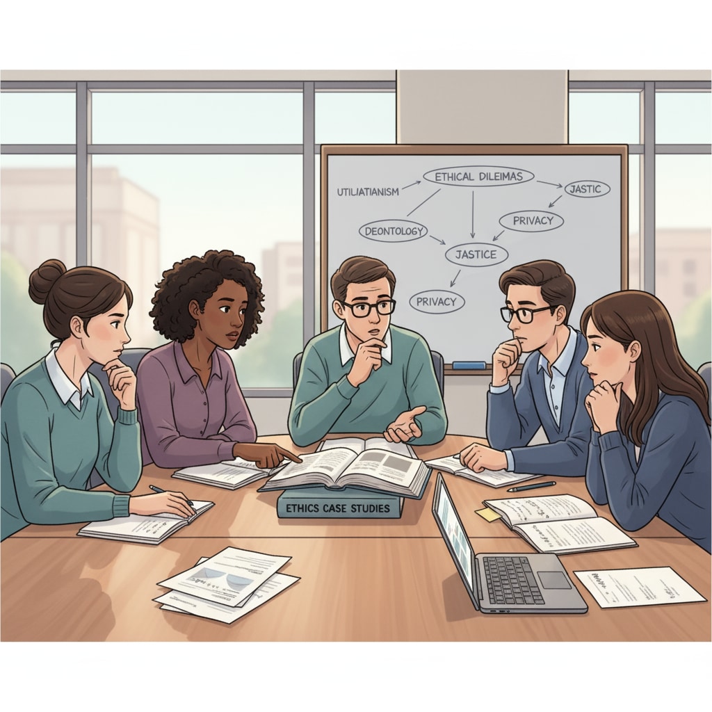 Students sitting around a table, discussing ethical dilemmas. They are looking at each other, expressing their opinions with serious expressions. Students discussing ethical dilemmas in K12 ethics education