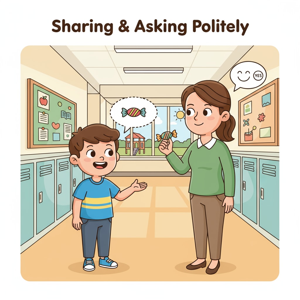 A child smiling and asking an adult for candy in a school corridor. A child seeking candy from an adult in a school setting related to school relationships, kinship interactions, and children's behavior