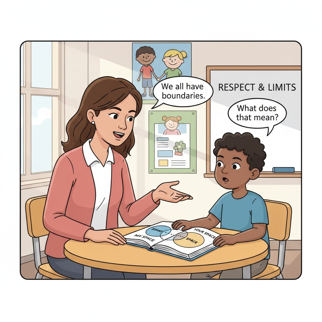 A teacher and a child having a serious conversation about boundaries in a classroom. A teacher and child discussing boundaries in a classroom, relevant to school relationships, kinship interactions, and children's behavior