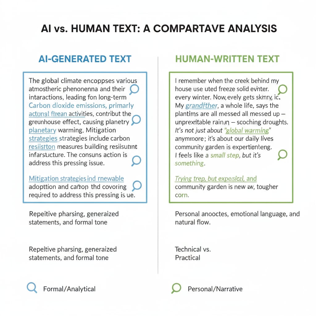 An illustration presenting a side-by-side comparison between a passage of AI-generated text and a human-written passage, highlighting differences in style and structure. Comparison of AI Writing and Human Writing for Distinguishing Features
