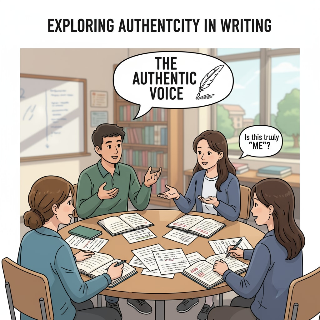 A group of students sitting around a table, engaged in a discussion, with papers showing written works in front of them, emphasizing the exploration of authenticity in writing. Students Discussing the Authenticity of Written Works