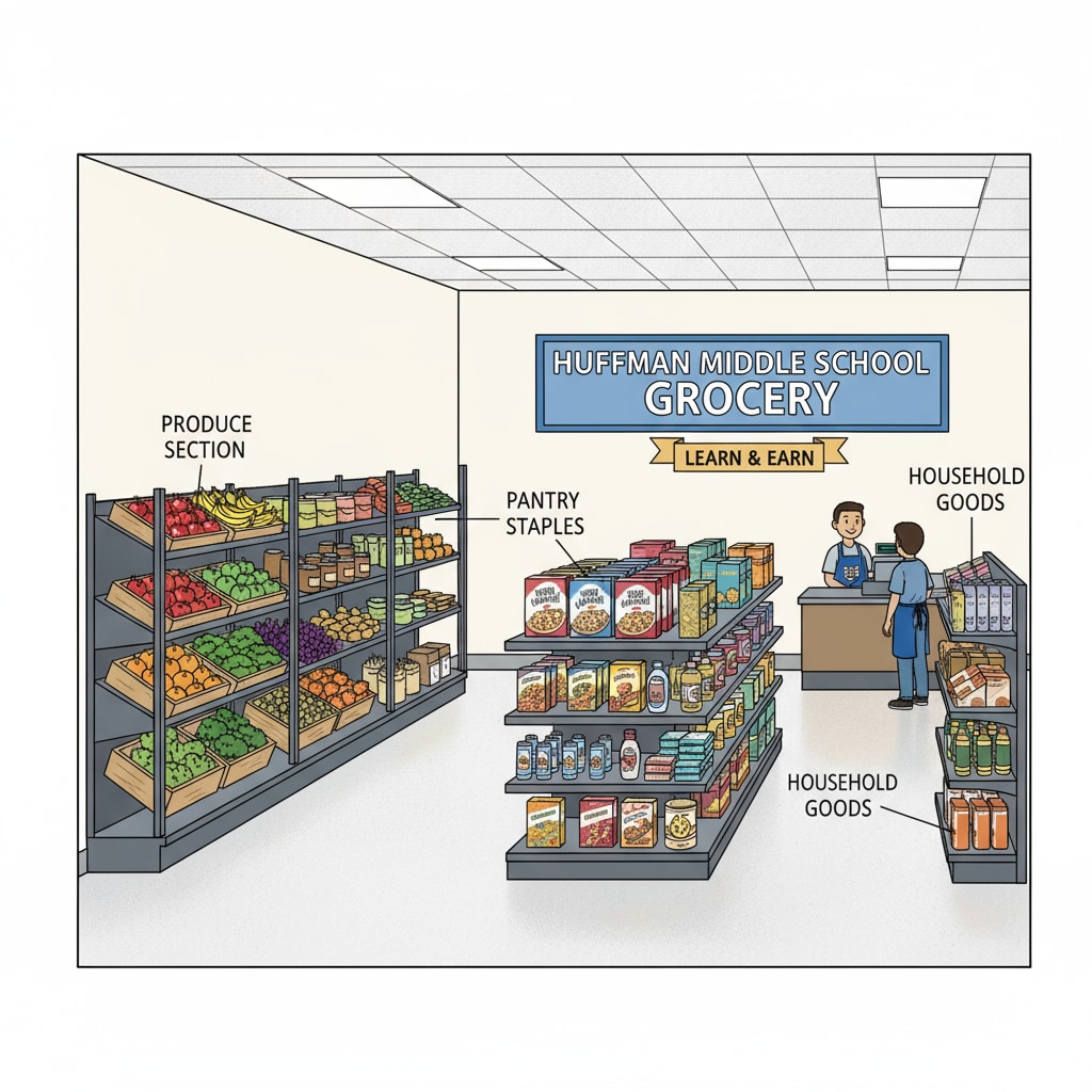 A view of the interior of Huffman Middle School's in-school grocery store, showing shelves stocked with various products like fruits, vegetables, and household items. Interior view of Huffman Middle School's in-school grocery store in Birmingham