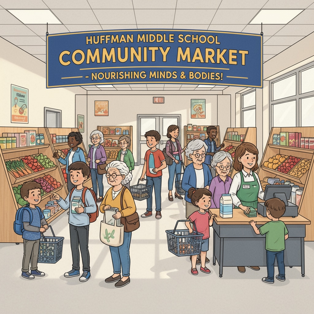 Community members of all ages are seen shopping at Huffman Middle School's in-school grocery store, smiling and interacting with each other. Community members shopping at Huffman Middle School's in-school grocery store in Birmingham