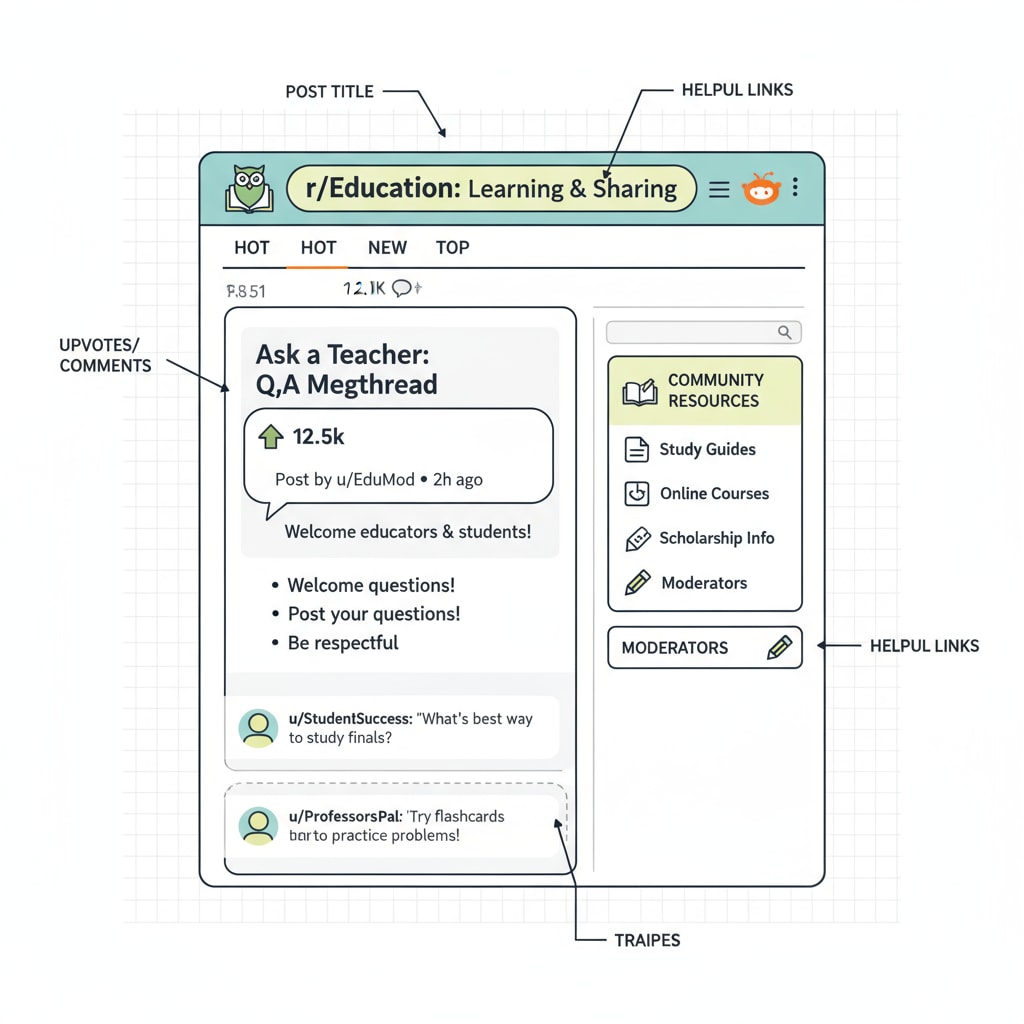 A visual representation of the Reddit interface highlighting the education community Community rules, educational subreddits, and posting guidelines in the Reddit education community interface