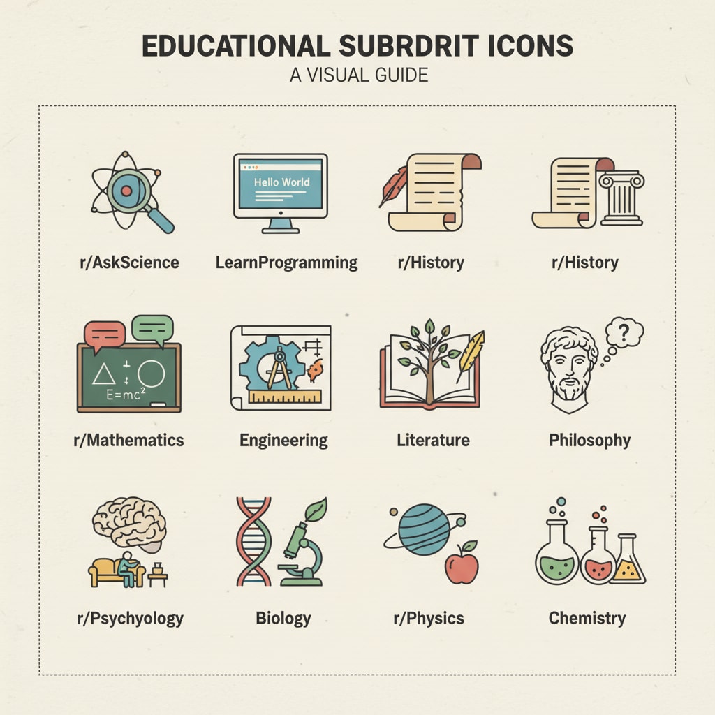 A collage of different educational subreddits' icons Icons of various educational subreddits related to community rules, educational subreddits, and posting guidelines