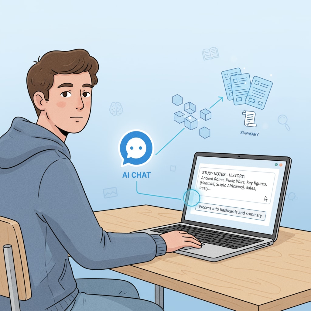 A student is sitting in front of a laptop, with the ChatGPT interface open, typing in study notes to be processed. A student using ChatGPT for AI learning methods to process study notes
