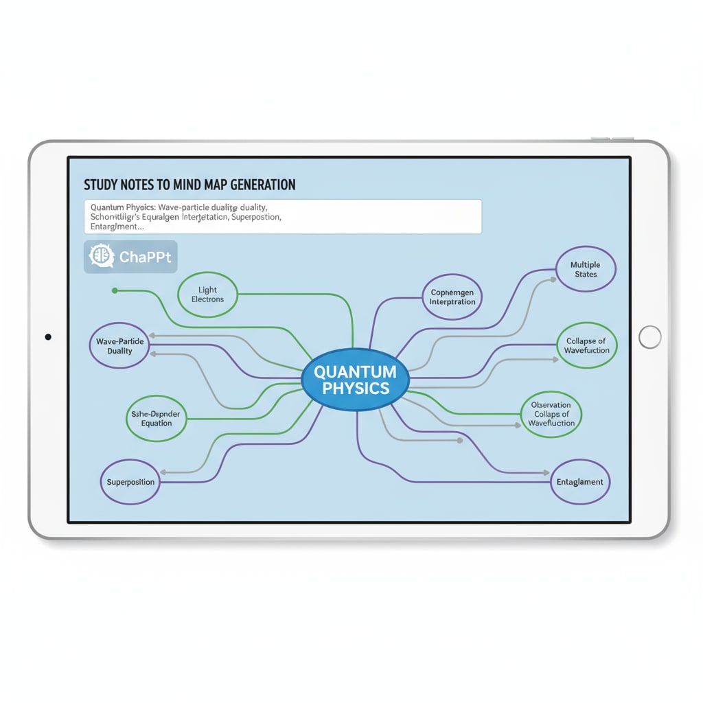 The screen of a device shows ChatGPT generating a mind map based on study notes, with key concepts and branches clearly visible. ChatGPT generating a mind map for AI learning and efficient study