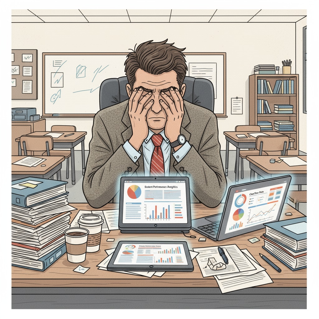A teacher is sitting at a desk, looking stressed while surrounded by papers and devices with data from various learning platforms. Teacher facing challenges due to data fragmentation in K12 education