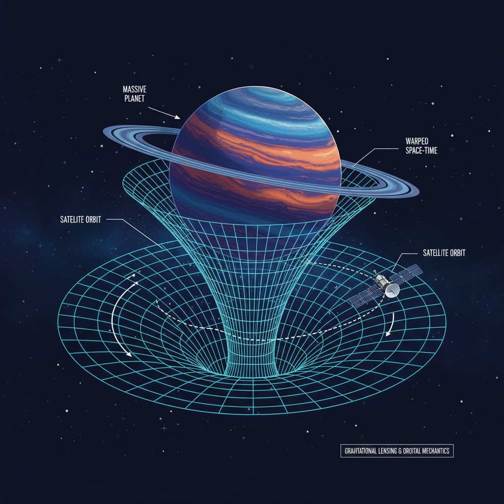 A graphic showing a massive planet warping space-time around it, with a satellite orbiting in the curved path Graphic of a planet warping space-time and a satellite's orbit