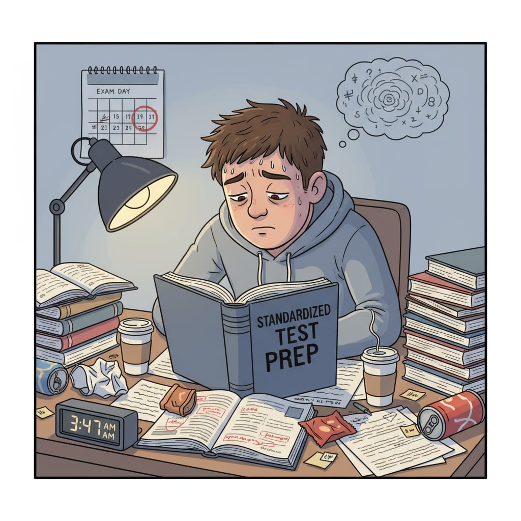 A stressed secondary school student preparing for a standardized test