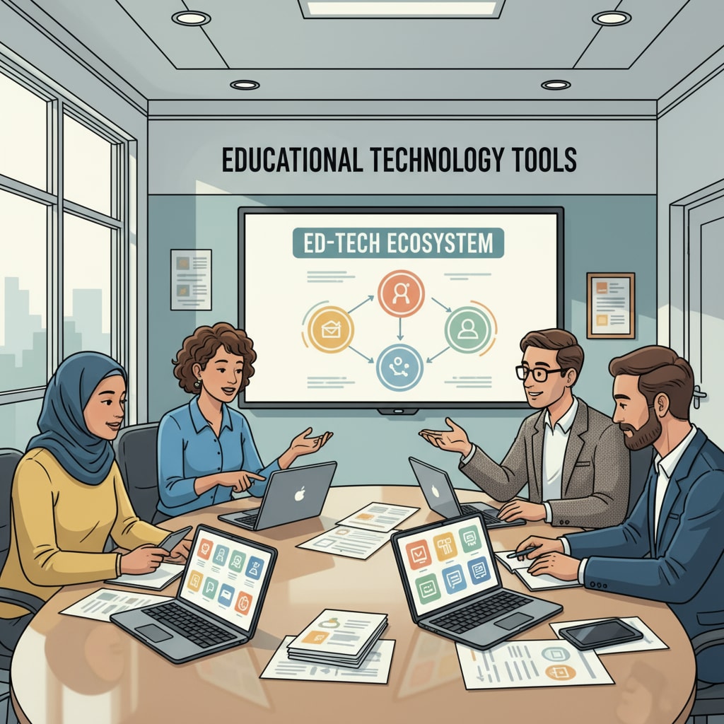Teachers discussing educational technology tools in a meeting room related to information channels and adoption