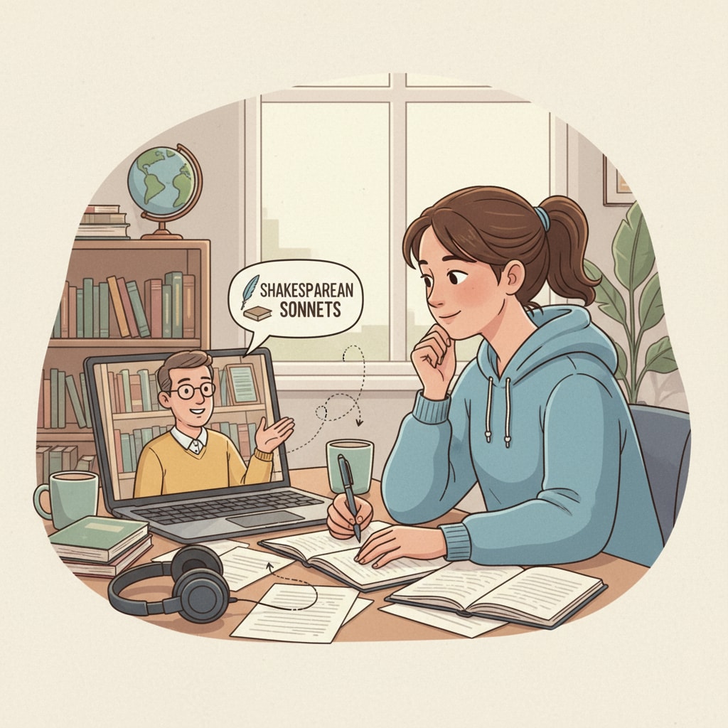 A student is attentively listening during an online literary tutoring session, showing engagement in learning. A student participating in an online literary tutoring session related to academic writing