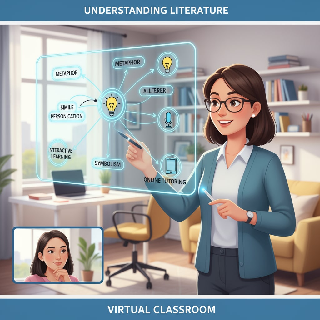 A tutor is explaining literary concepts on a virtual whiteboard, demonstrating the interactive nature of online tutoring. A tutor conducting an online literary tutoring session focusing on academic writing