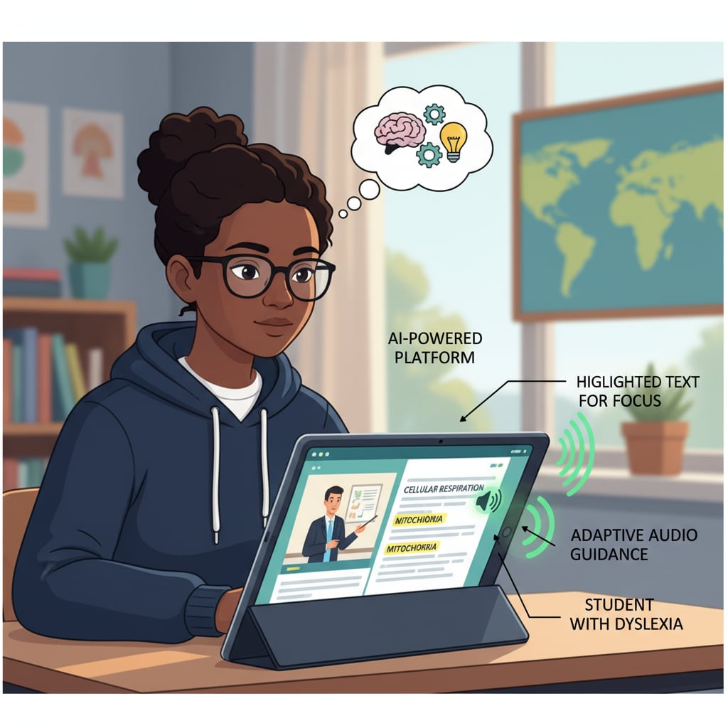 A close-up of a student with a learning disability using an AI-powered video learning platform with features like highlighted text and audio guidance A student with learning disability benefiting from AI-assisted video teaching for learning equity