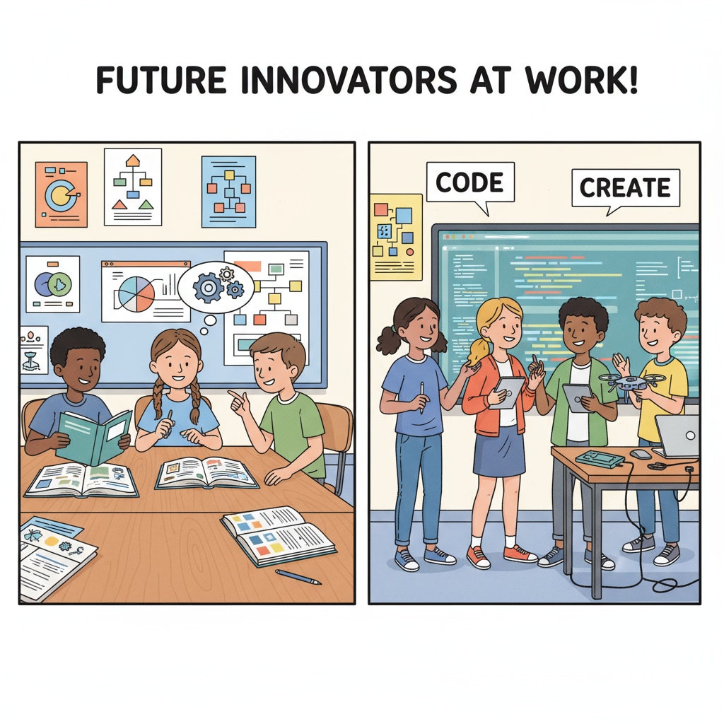 A group of K12 students are shown in a classroom setting. Some are deeply engrossed in reading textbooks, while others are engaged in a lively discussion about a project that involves technical skills like coding or digital design. K12 students in a classroom focusing on both academic studies and technical skills related to scholarship applications