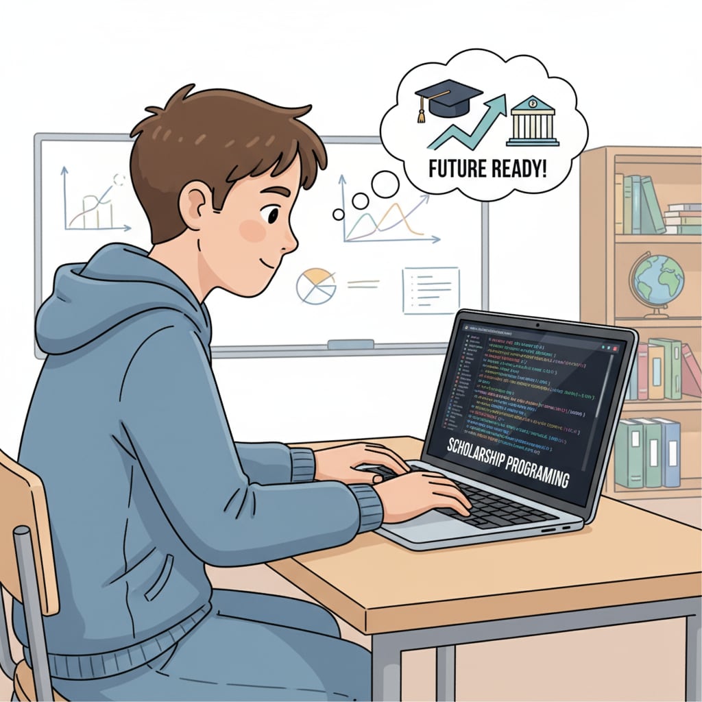 A single K12 student is sitting at a desk, working intently on a laptop. The screen shows lines of code, indicating that the student is involved in coding a program, highlighting the significance of technical skills in scholarship applications. K12 student demonstrating technical skills of coding for scholarship applications
