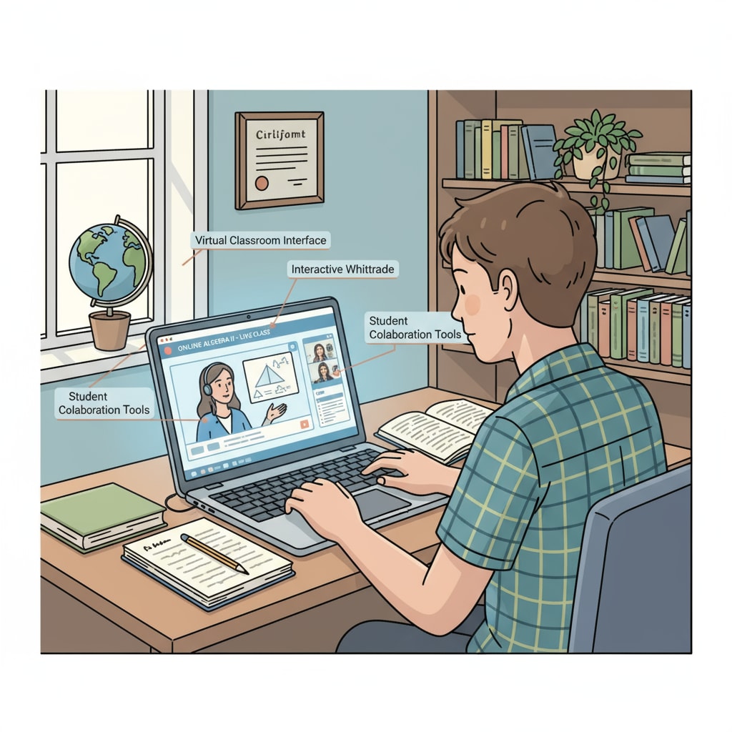 A student is sitting at a desk, using a laptop to attend an online high school class. The screen shows educational materials and an interactive interface. American teenager studying high school courses through online education