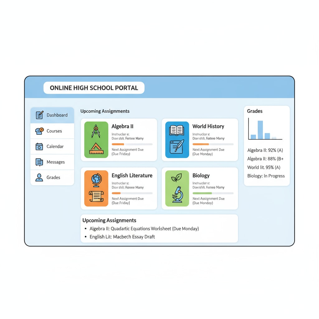 A close - up of an online high school course dashboard, displaying various courses, assignments, and grades. Interface of an online high school platform for overseas students