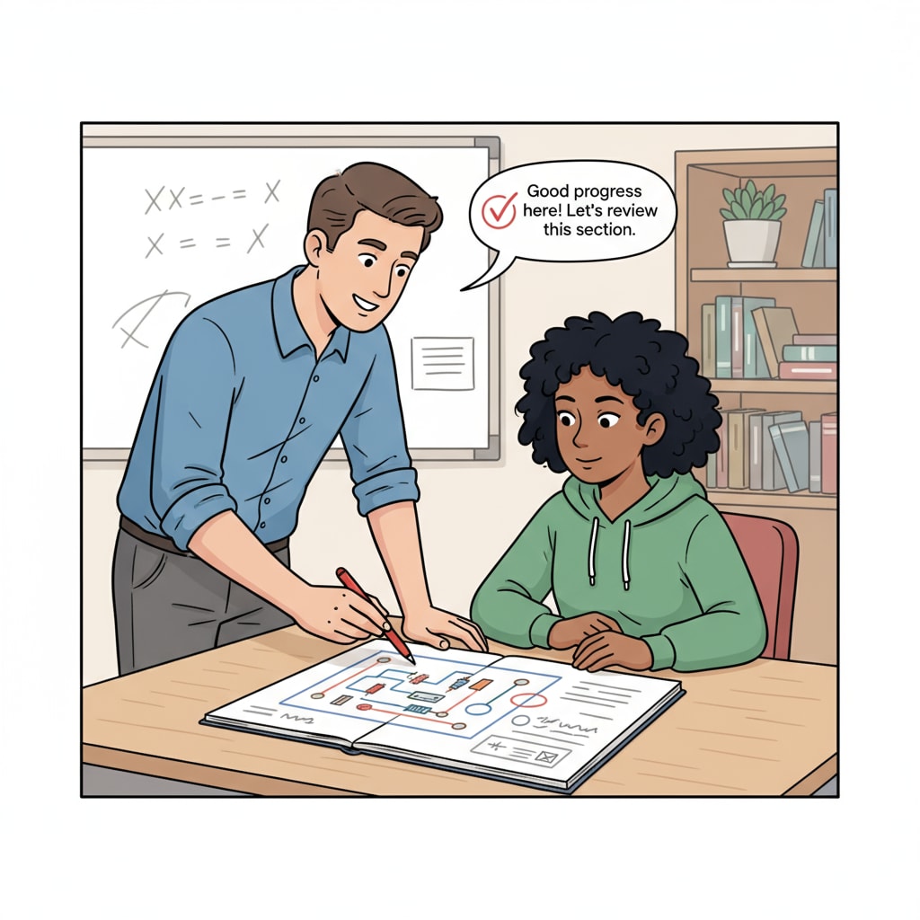 A teacher giving feedback to a student as part of student assessment, educational measurement, and instructional strategies