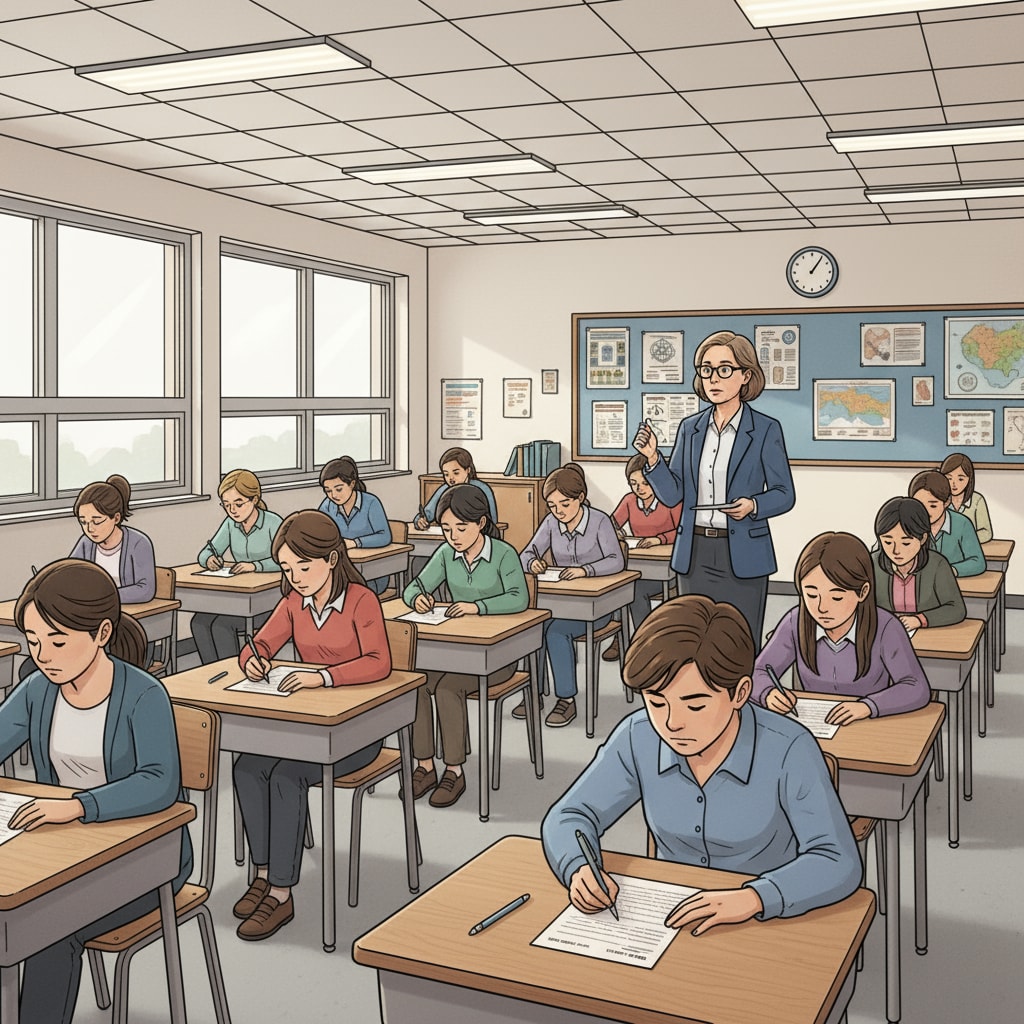 A test proctor standing in a classroom, monitoring students during an exam. The proctor is looking around the room to ensure fairness. A test proctor monitoring students during an exam, related to test proctors, work experience, job vacancies