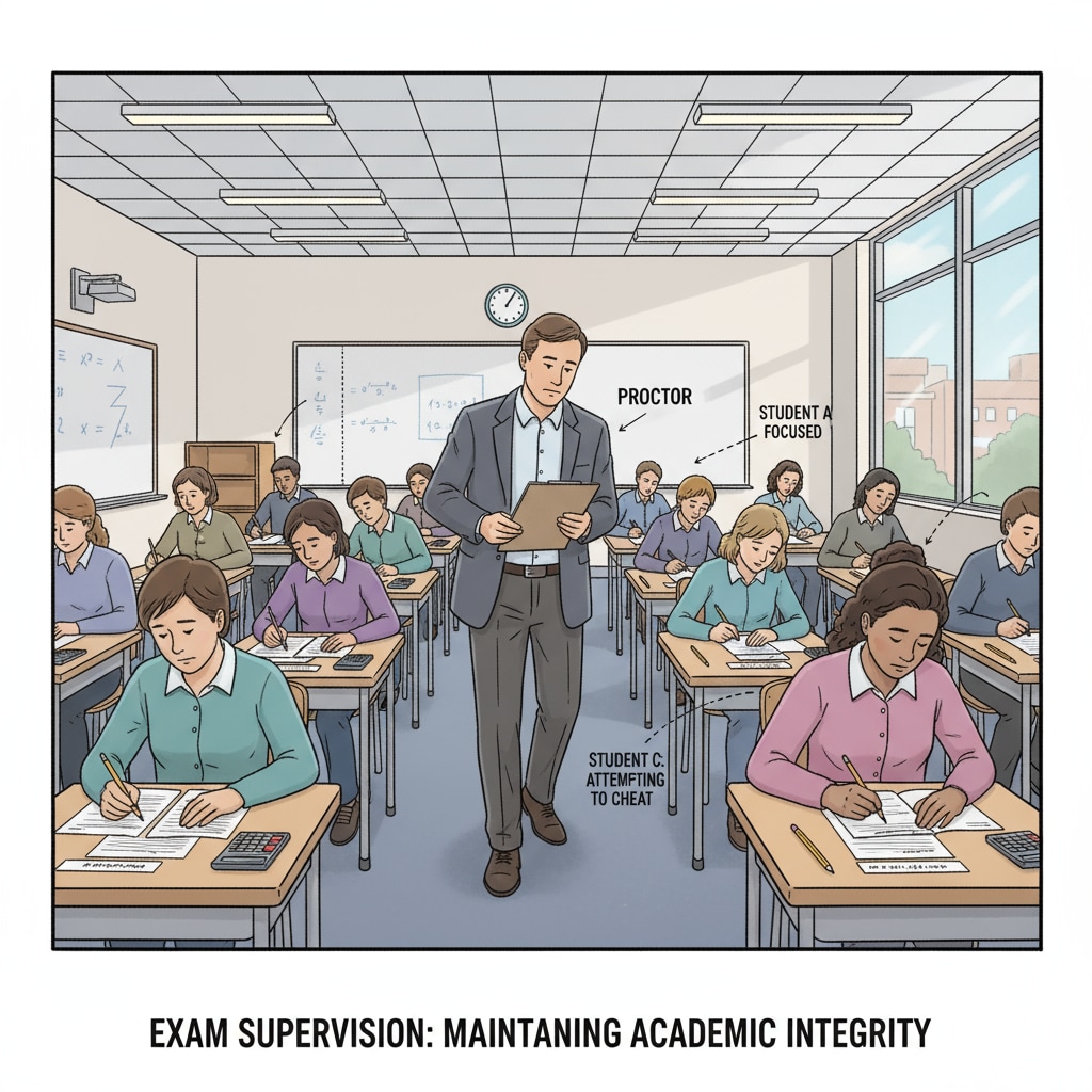 A test proctor walking around the classroom to check on students. The proctor is observing students' actions closely. A test proctor walking around the classroom to check on students, relevant to test proctors, work experience, job vacancies