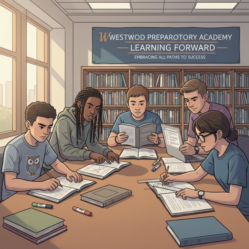 High school students are studying in a library, which indicates their efforts to enhance academic performance in a school with less academic rigor. High school students studying in a library for academic improvement in a less rigorous school environment related to academic rigor, college applications, and external exams