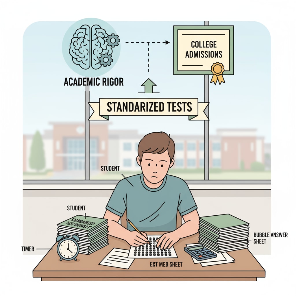 A student is sitting at a desk taking a standardized test, emphasizing the significance of standardized tests in demonstrating academic rigor for college applications. A student taking a standardized test to show academic rigor relevant to college applications and external exams