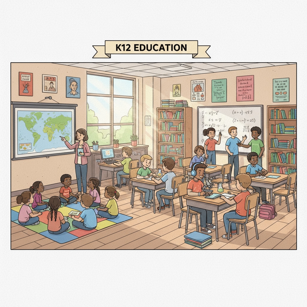 A classroom scene with students actively learning, symbolizing the K12 educational environment. Classroom scene in K12 education related to academic expulsion, student failure, and college impact