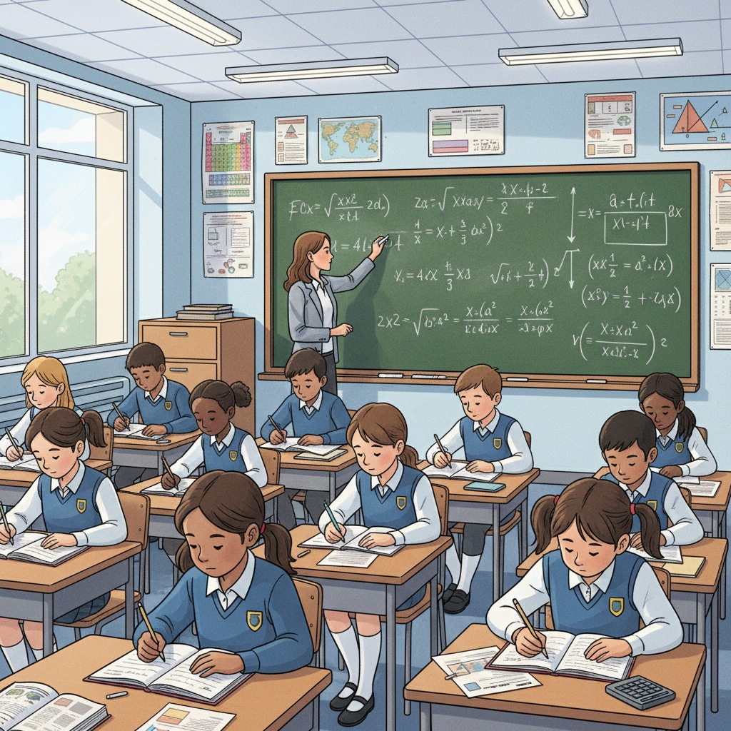 Classroom scene showing the theoretical focus in school education related to school education, practicality, and grading system