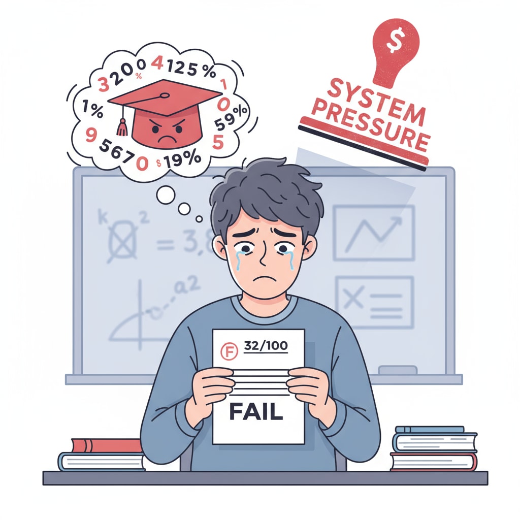 Stressed student with a low-grade test paper, related to school education, practicality, and grading system