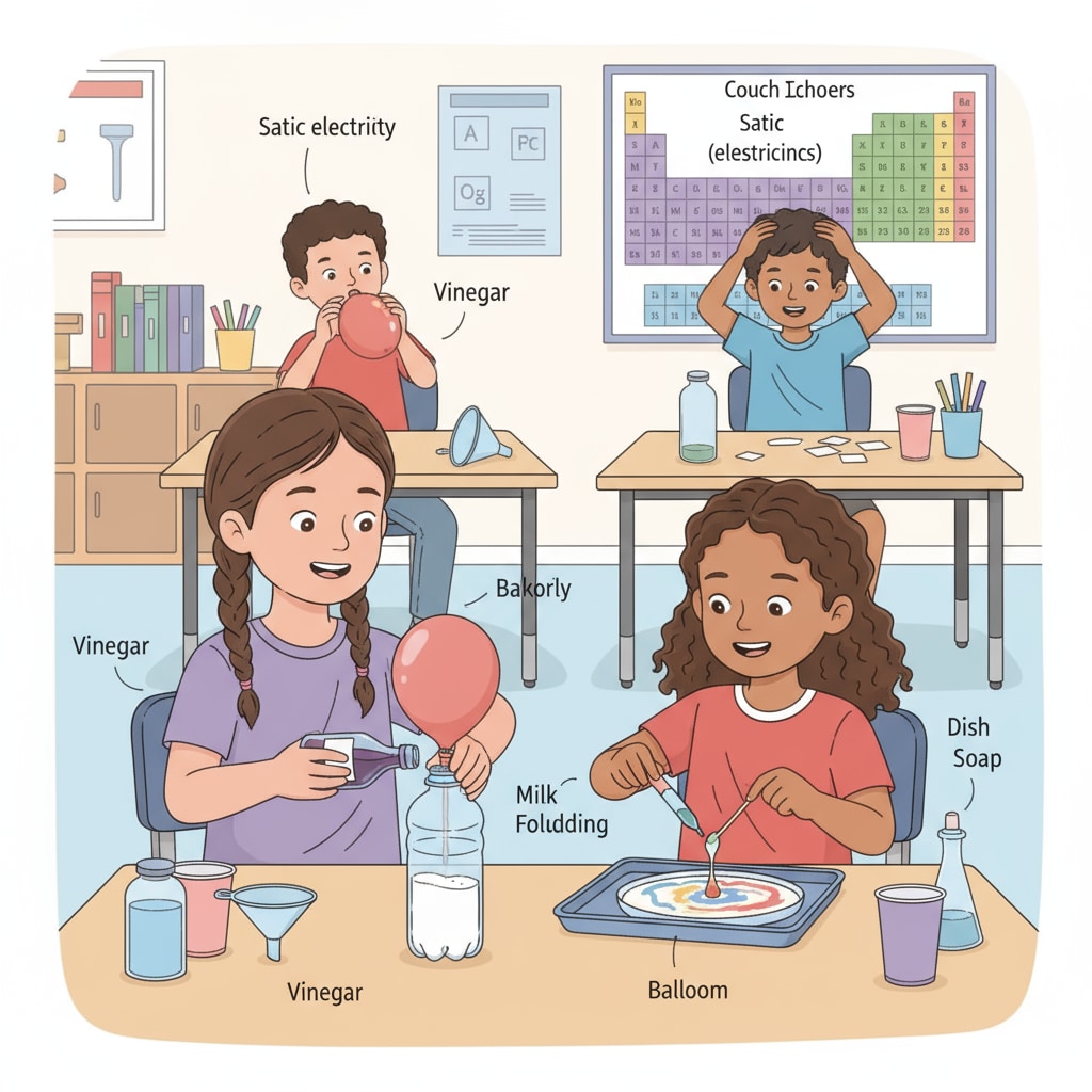 Children are engaged in simple science experiments using common household items, such as balloons, milk, and baking soda. Lower grade children conducting science experiments following scientific methods for the science fair