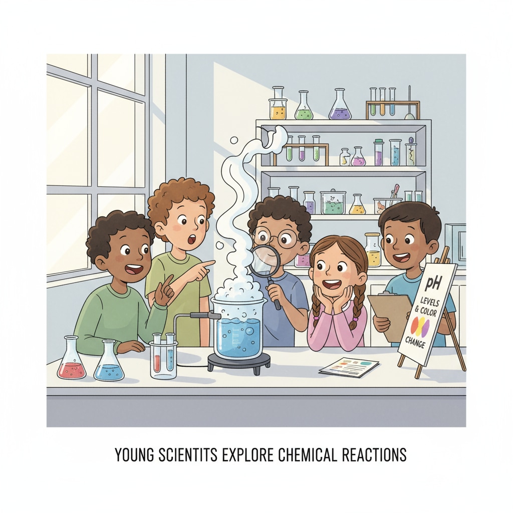 A group of children are carefully observing the results of a science experiment, with curiosity and excitement on their faces. Lower grade children observing science experiment results in line with scientific methods for the science fair