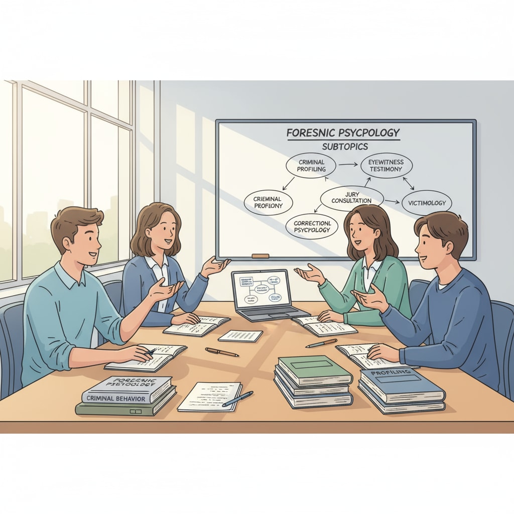 A group of students are engaged in a discussion about forensic psychology topics in a classroom setting, with books and notes on the table. High school students discussing forensic psychology in a classroom for career planning and college major consideration