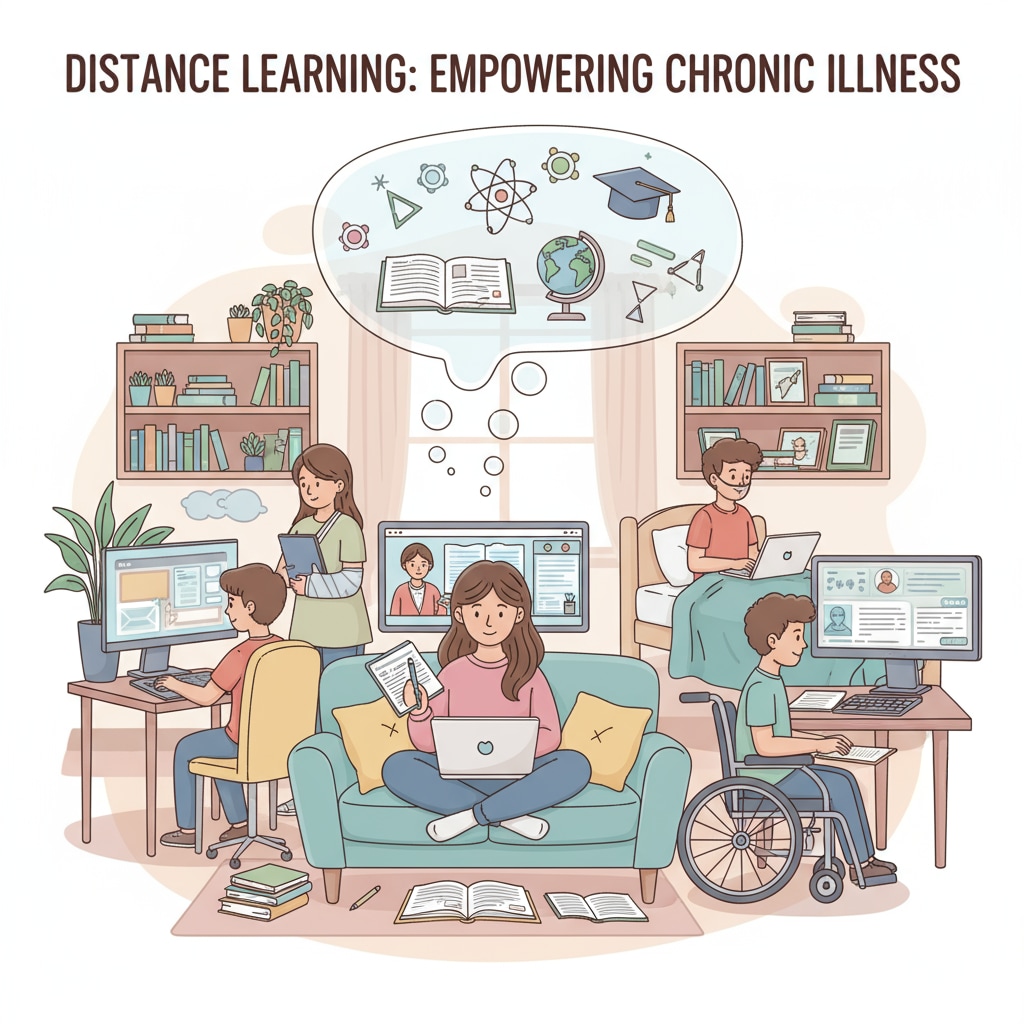 A group of teens are using laptops to study from home, showing the scenario of distance education for chronic illness. Distance education for chronically ill teens