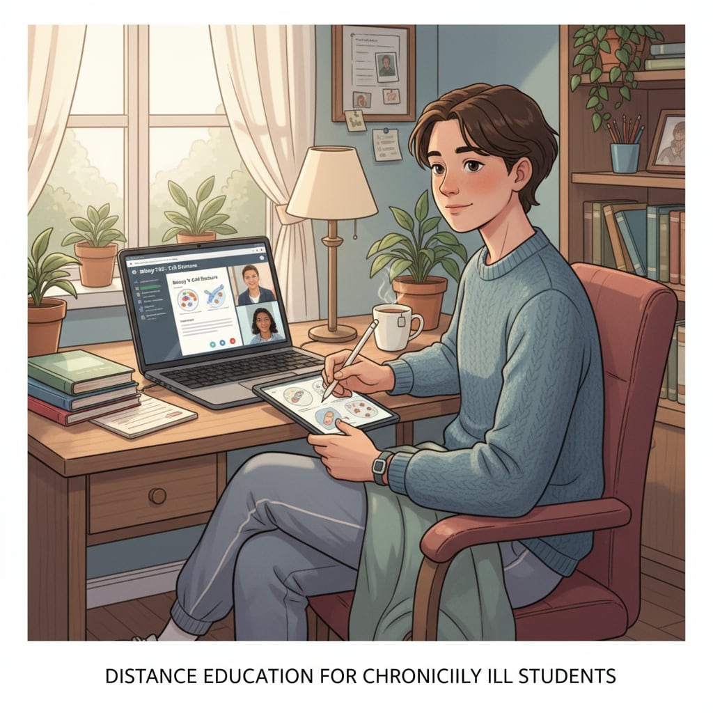 A teen is sitting at a desk in a cozy room, attentively studying through online courses, which is a common scene in distance education for chronic illness. A chronically ill teen studying through distance education