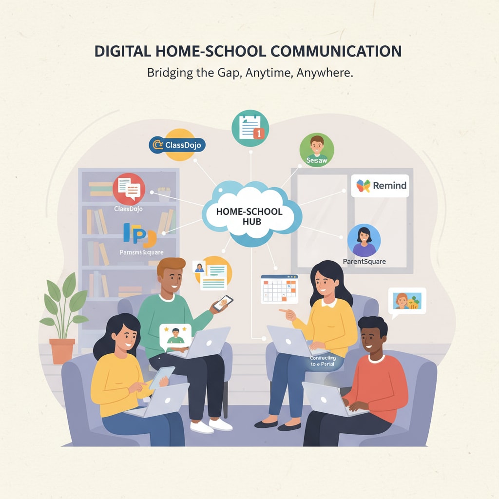 An illustration showing parents using their smartphones and laptops to access different home-school communication platforms, highlighting the digital nature of the interaction. Parents using digital devices to access home-school communication platforms related to Pre-K, account authenticity, and communication efficiency.
