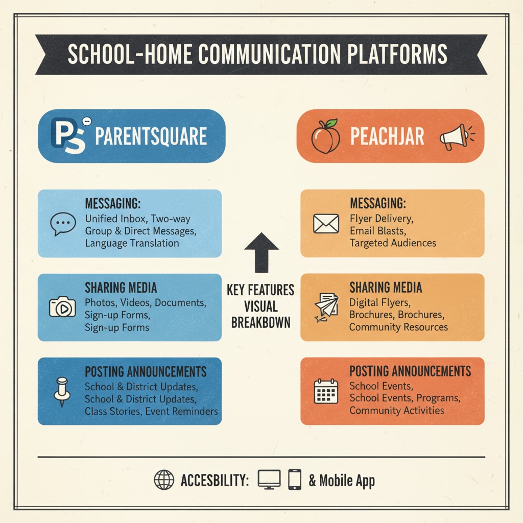 A visual breakdown of the key features of Parentsquare and Peachjar, such as messaging, sharing media, and posting announcements. Visual representation of the features of Parentsquare and Peachjar for Pre-K home-school communication, emphasizing account authenticity aspects.