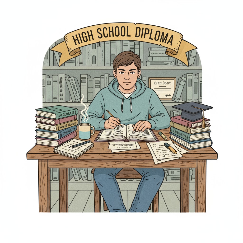 A person is shown sitting at a table, surrounded by high school textbooks and notebooks, symbolizing the study process for obtaining a high school diploma. Adult studying for a high school diploma in an adult education setting
