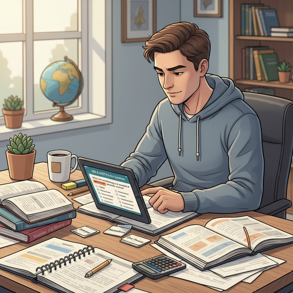 An individual is sitting at a desk, concentrating on practice questions for GED or HiSet exams, with study materials scattered around. Adult preparing for GED or HiSet exams in an adult education context