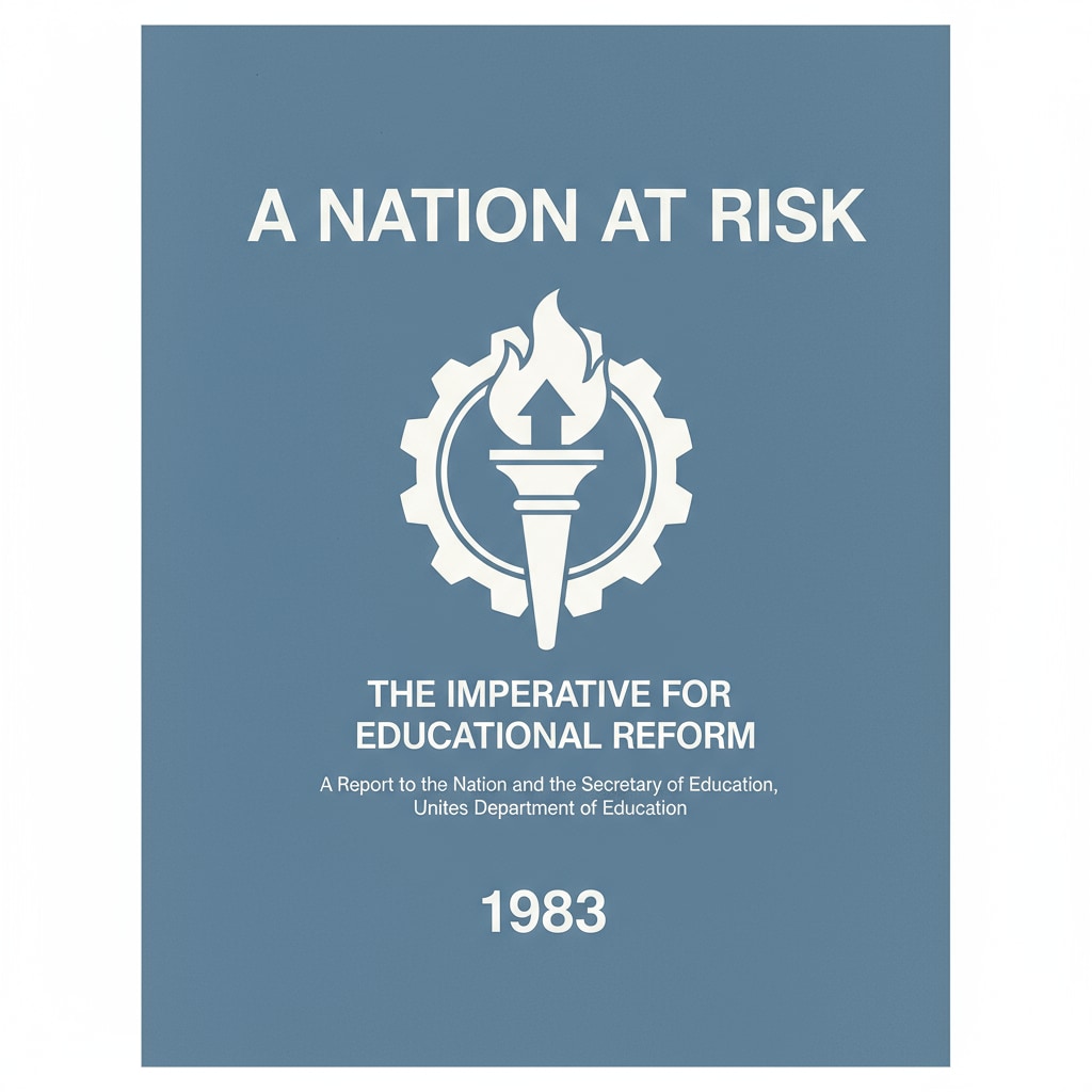 The cover of the 'A Nation at Risk' report, highlighting the title and the year of publication. Cover of the 'A Nation at Risk' report related to educational accountability, NCLB, and school leadership