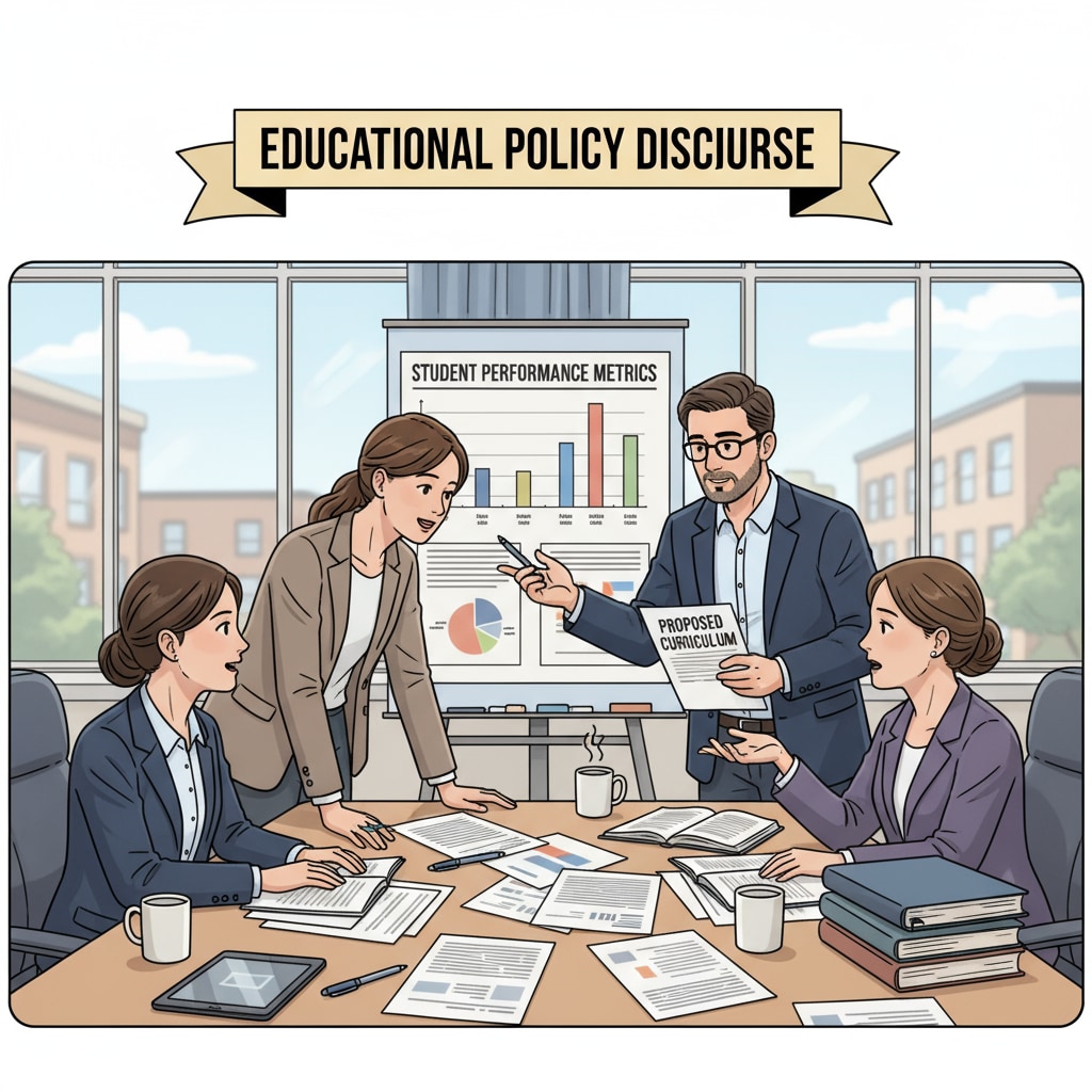 A group of teachers and a principal engaged in a serious discussion about education policies, with papers and charts on the table. Teachers and principal discussing education policies relevant to educational accountability, NCLB, and school leadership