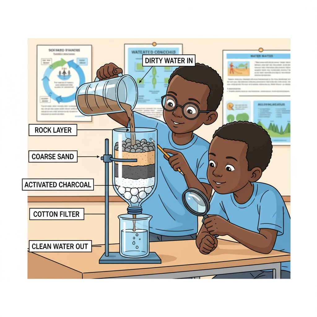 Rwandan children engaged in a STEM project to learn about water filtration